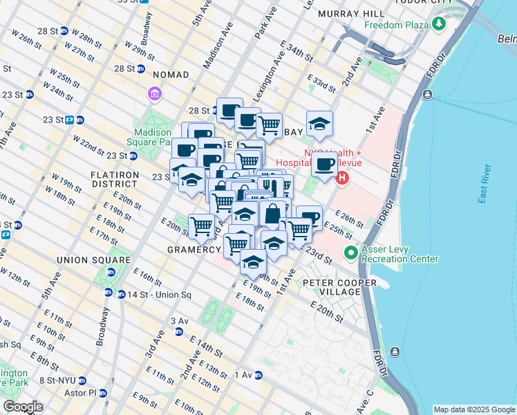 map of restaurants, bars, coffee shops, grocery stores, and more near 223 East 23rd Street in New York