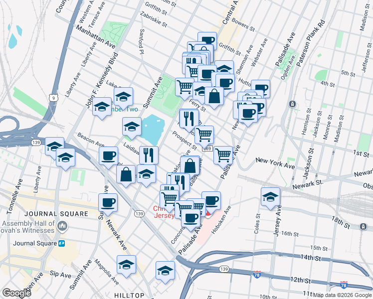 map of restaurants, bars, coffee shops, grocery stores, and more near 173 Oakland Avenue in Jersey City