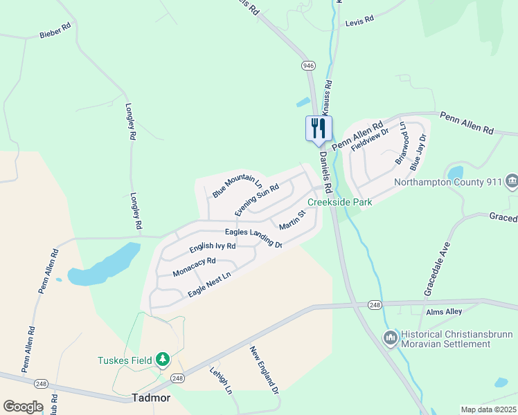 map of restaurants, bars, coffee shops, grocery stores, and more near 2314 Old Towne Road in Nazareth