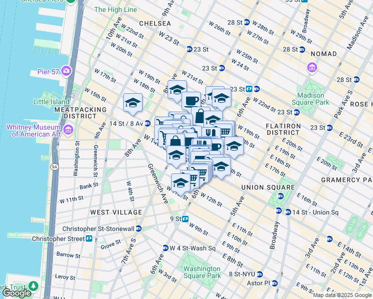 map of restaurants, bars, coffee shops, grocery stores, and more near 134 West 15th Street in New York