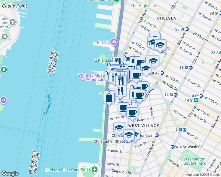 map of restaurants, bars, coffee shops, grocery stores, and more near 117 Horatio Street in New York