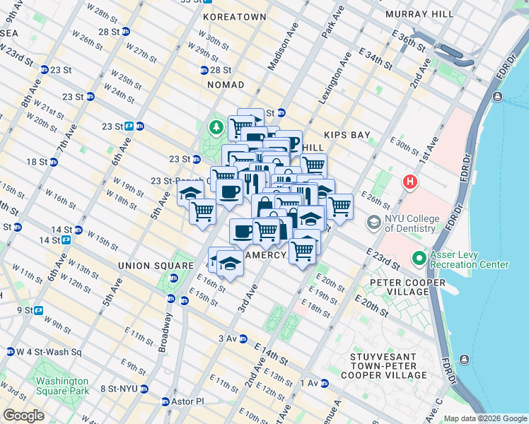 map of restaurants, bars, coffee shops, grocery stores, and more near East 22nd Street in New York