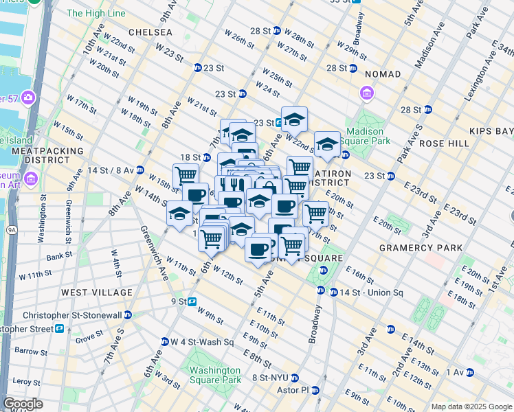 map of restaurants, bars, coffee shops, grocery stores, and more near 43 West 16th Street in New York