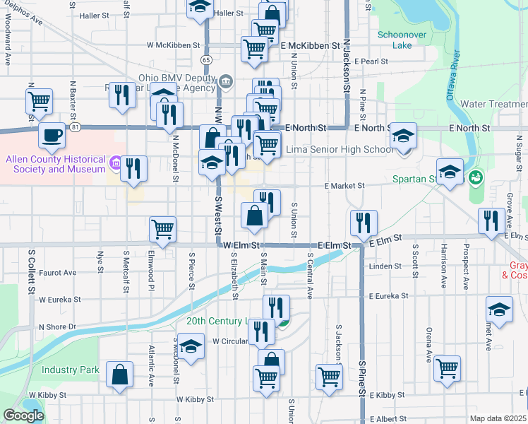 map of restaurants, bars, coffee shops, grocery stores, and more near 140 South Main Street in Lima