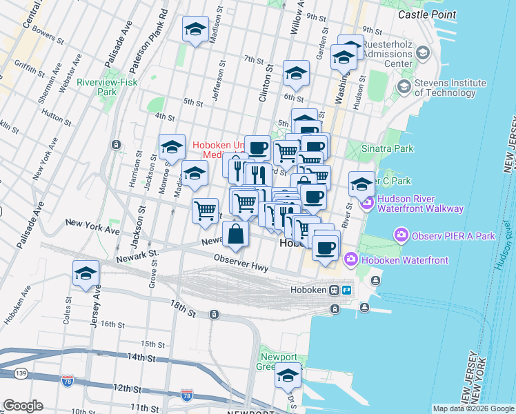 map of restaurants, bars, coffee shops, grocery stores, and more near 109 Willow Avenue in Hoboken