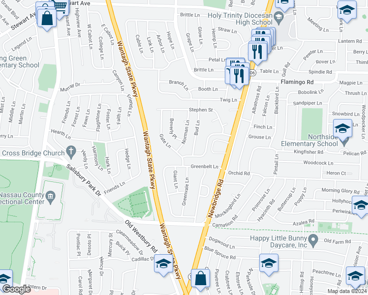 map of restaurants, bars, coffee shops, grocery stores, and more near 52 Norman Lane in Levittown