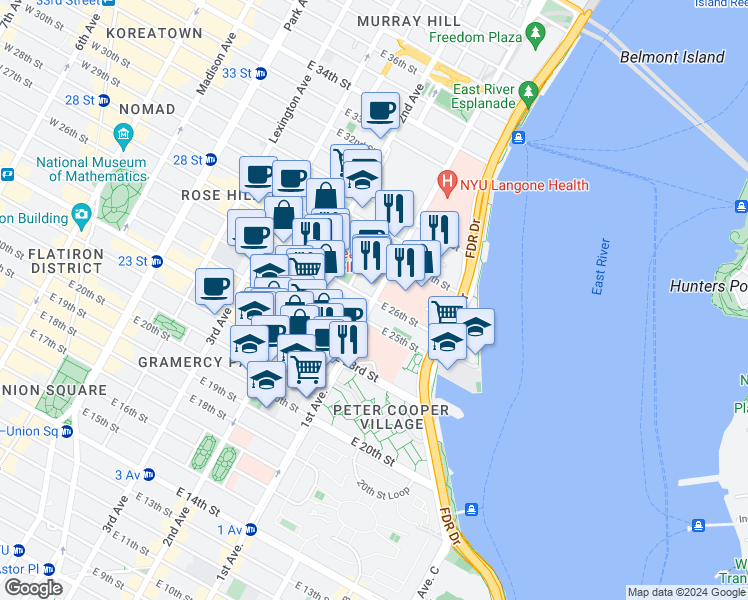 map of restaurants, bars, coffee shops, grocery stores, and more near 1st Avenue in New York