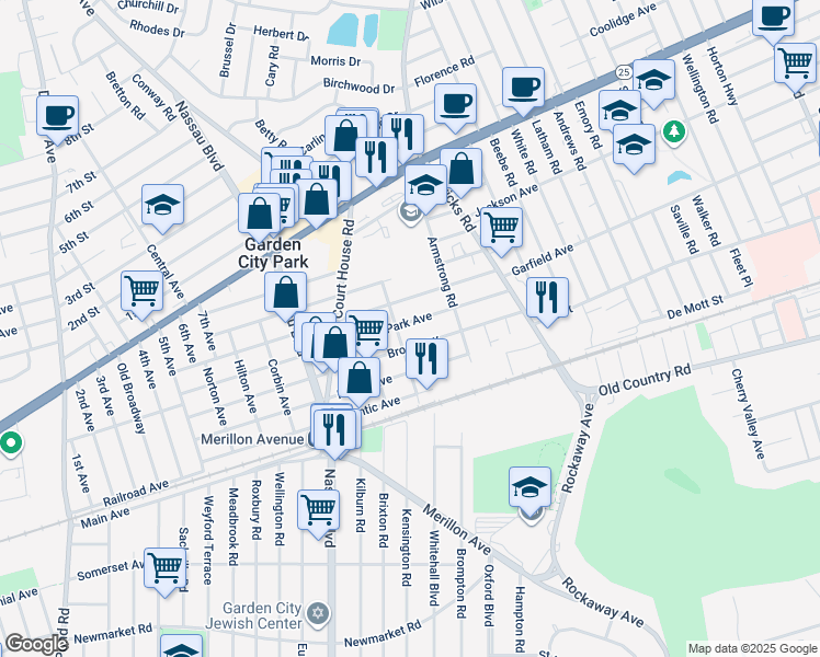 map of restaurants, bars, coffee shops, grocery stores, and more near 180 Park Avenue in New Hyde Park