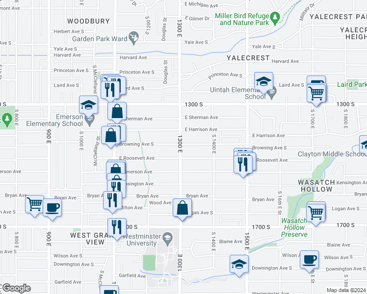 map of restaurants, bars, coffee shops, grocery stores, and more near 1419 South 1300 East in Salt Lake City