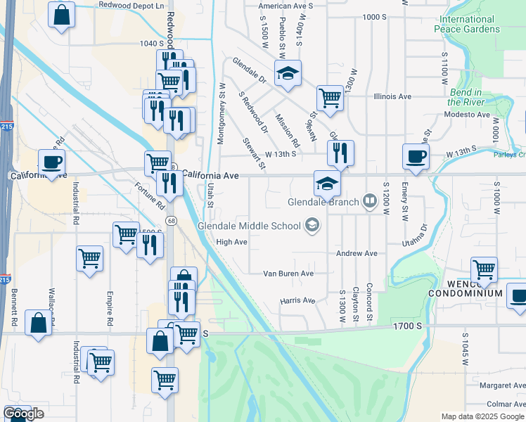 map of restaurants, bars, coffee shops, grocery stores, and more near 1465 Anthony Circle in Salt Lake City