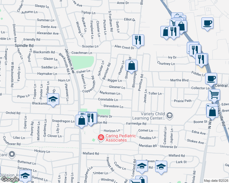 map of restaurants, bars, coffee shops, grocery stores, and more near 34 Marksman Lane in Levittown