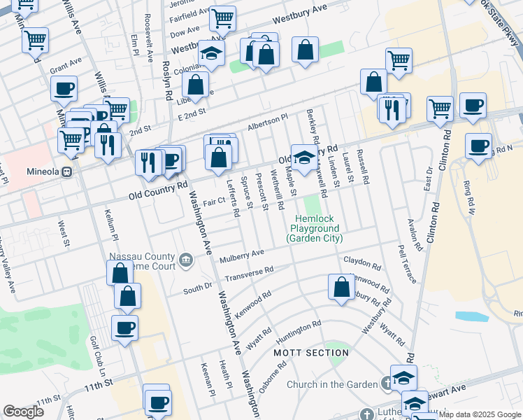 map of restaurants, bars, coffee shops, grocery stores, and more near 19 Spruce Street in Garden City