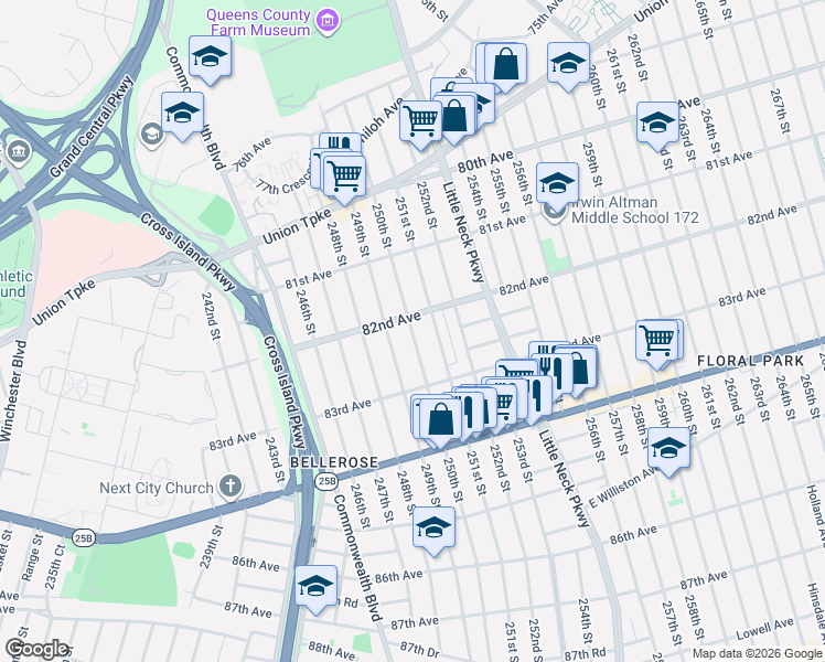 map of restaurants, bars, coffee shops, grocery stores, and more near 82-24 250th Street in Queens