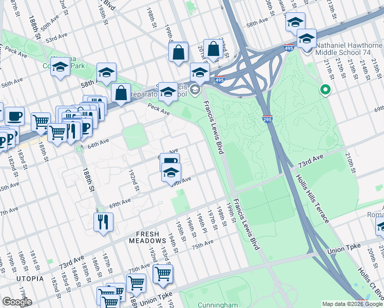 map of restaurants, bars, coffee shops, grocery stores, and more near 67-30 198th Street in Queens