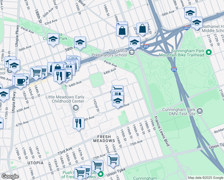 map of restaurants, bars, coffee shops, grocery stores, and more near 195-10 67th Avenue in Queens