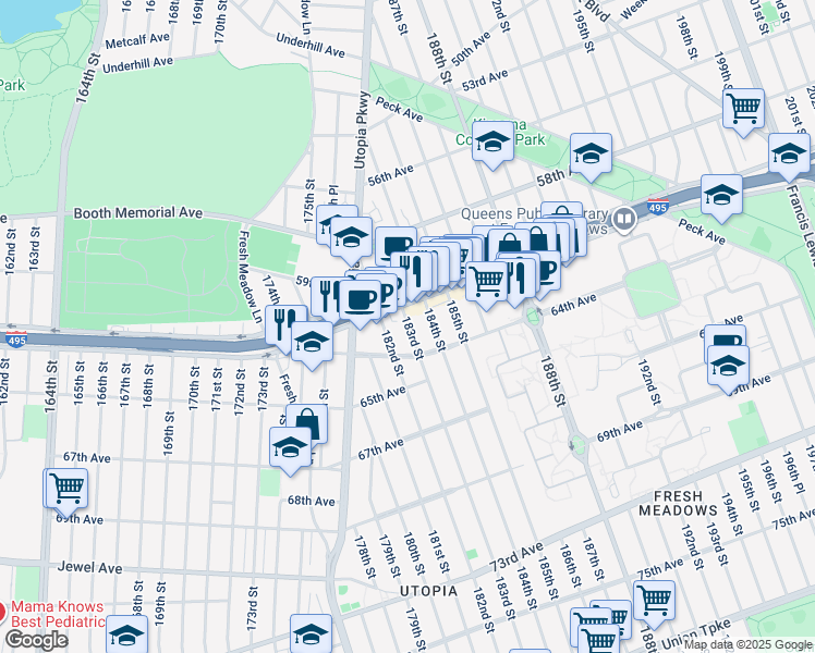 map of restaurants, bars, coffee shops, grocery stores, and more near 61-28 183rd Street in Queens
