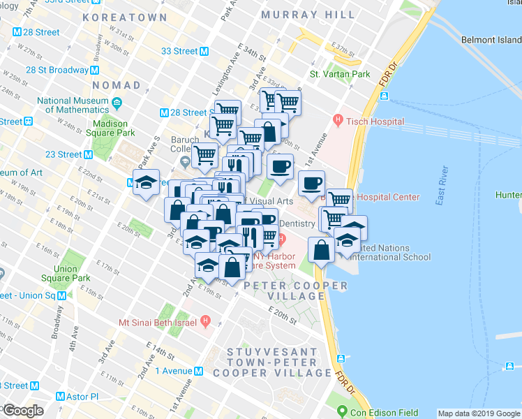 map of restaurants, bars, coffee shops, grocery stores, and more near 330 East 25th Street in New York