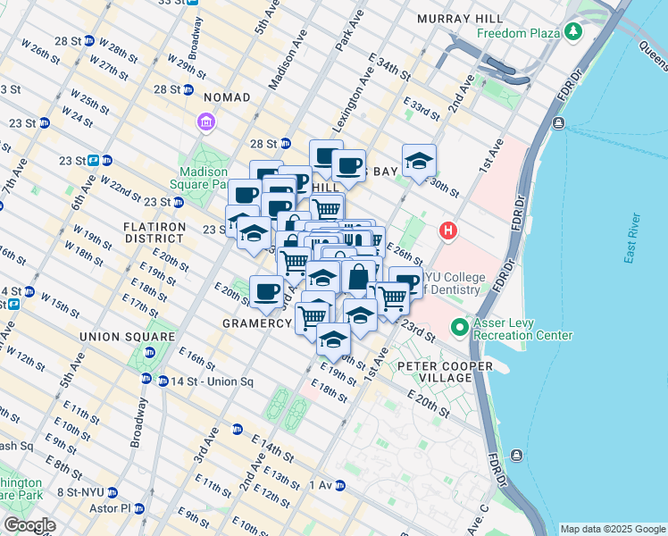 map of restaurants, bars, coffee shops, grocery stores, and more near 285 East 23rd Street in New York