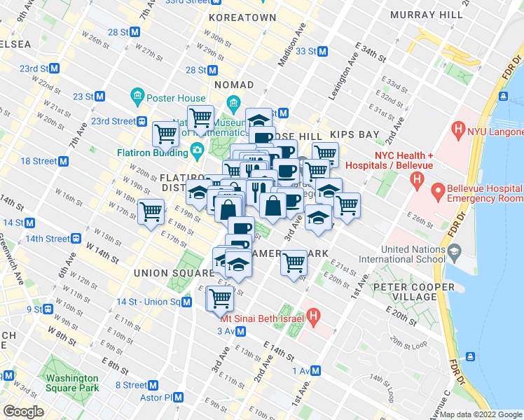 map of restaurants, bars, coffee shops, grocery stores, and more near 2 Lexington Avenue in New York