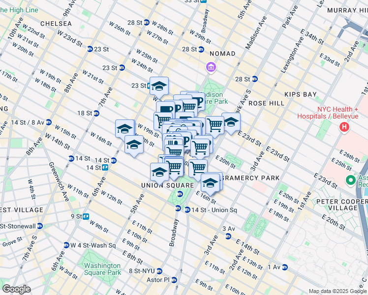 map of restaurants, bars, coffee shops, grocery stores, and more near 901 Broadway in New York