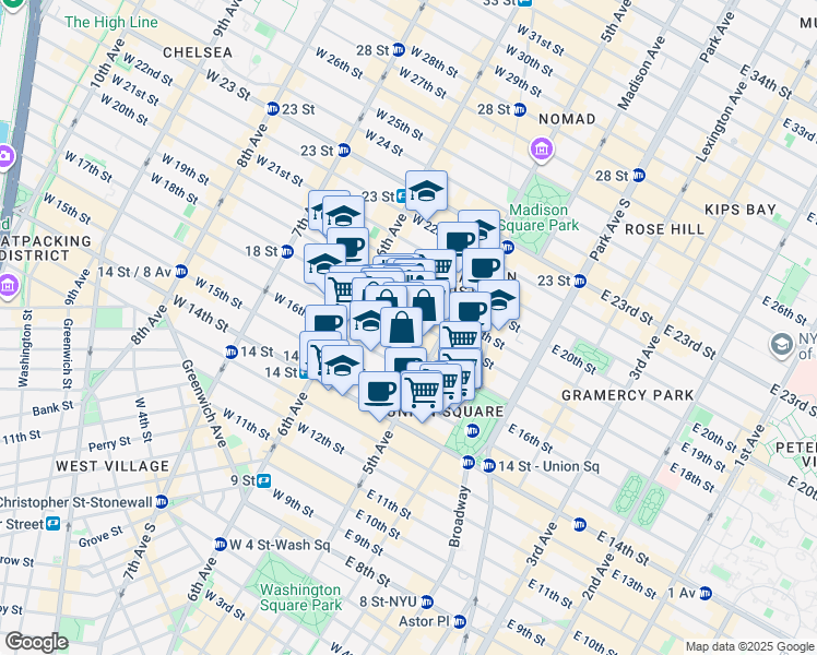 map of restaurants, bars, coffee shops, grocery stores, and more near 27 West 17th Street in New York