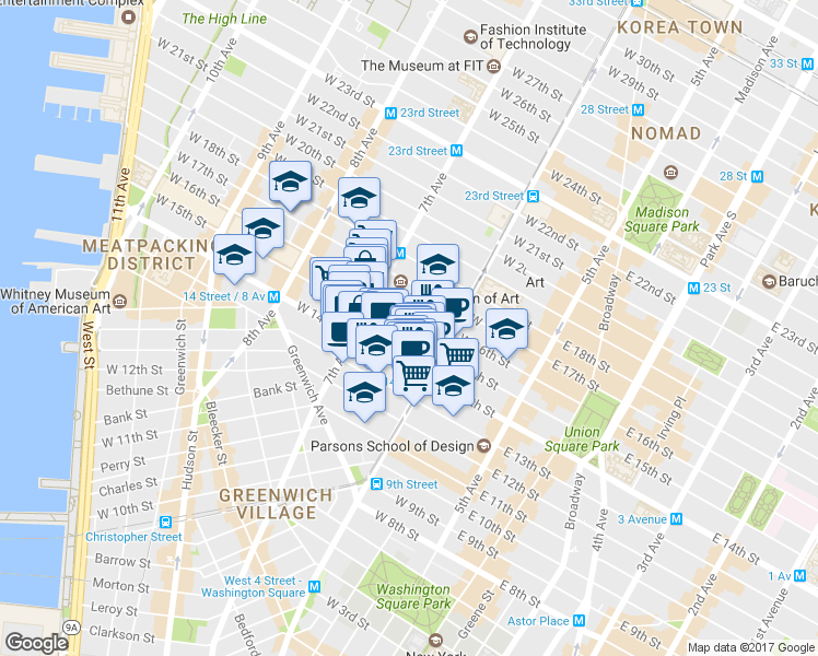 map of restaurants, bars, coffee shops, grocery stores, and more near 134 West 15th Street in New York