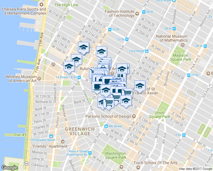 map of restaurants, bars, coffee shops, grocery stores, and more near 134 West 15th Street in New York