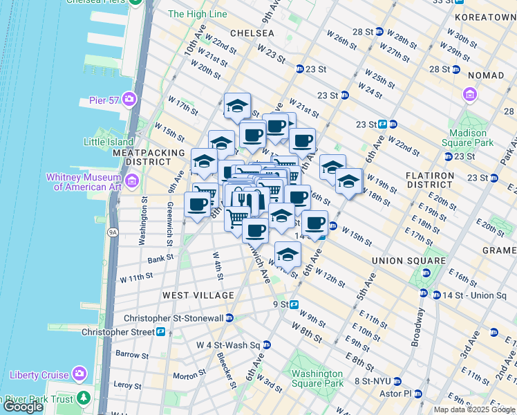map of restaurants, bars, coffee shops, grocery stores, and more near 219 West 13th Street in New York