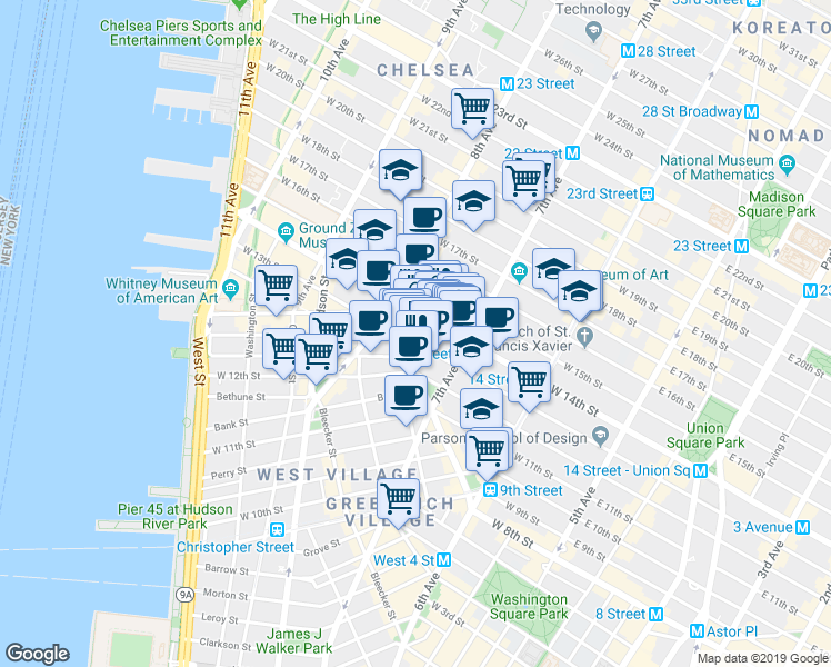 map of restaurants, bars, coffee shops, grocery stores, and more near 217 West 13th Street in New York
