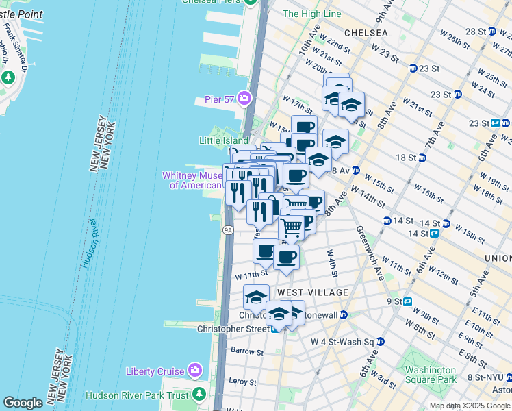 map of restaurants, bars, coffee shops, grocery stores, and more near in New York