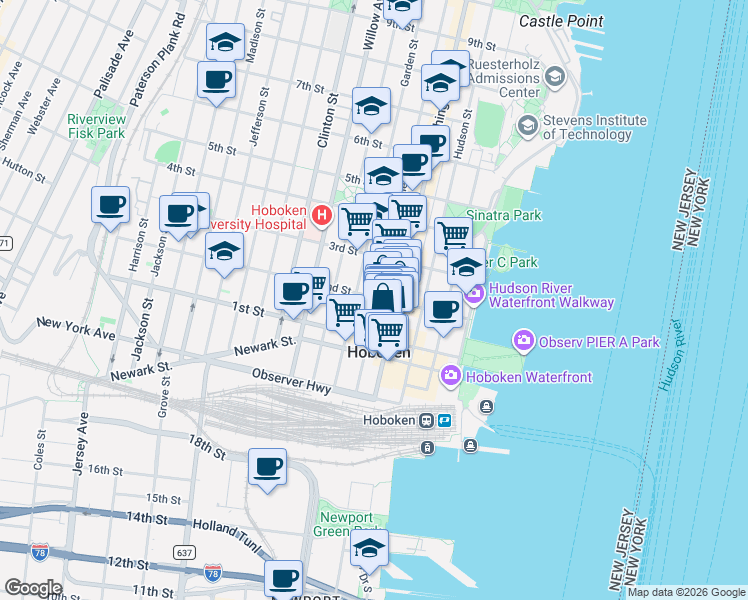 map of restaurants, bars, coffee shops, grocery stores, and more near 130 Washington Street in Hoboken