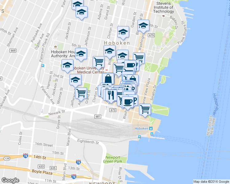 map of restaurants, bars, coffee shops, grocery stores, and more near in Hoboken