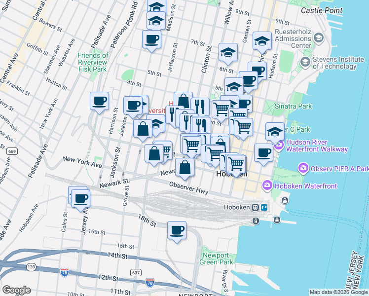 map of restaurants, bars, coffee shops, grocery stores, and more near in Hoboken