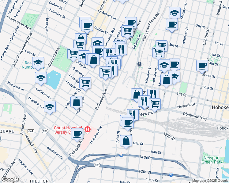 map of restaurants, bars, coffee shops, grocery stores, and more near 120 Ogden Avenue in Jersey City