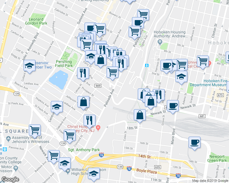 map of restaurants, bars, coffee shops, grocery stores, and more near 296 Palisade Avenue in Jersey City