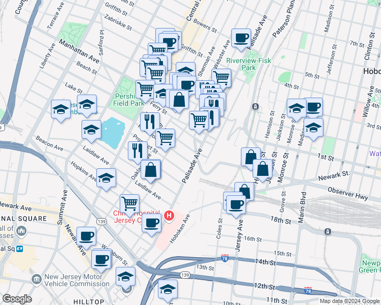 map of restaurants, bars, coffee shops, grocery stores, and more near 15 Reservoir Avenue in Jersey City