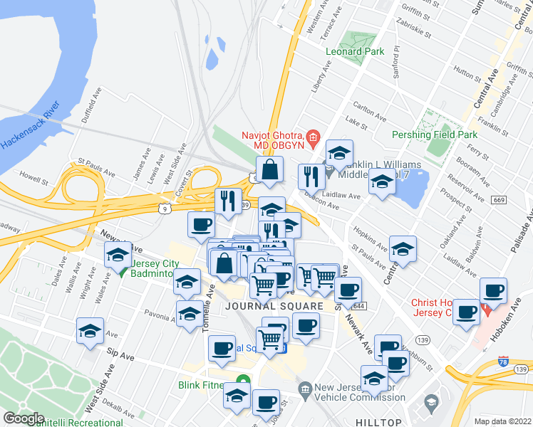 map of restaurants, bars, coffee shops, grocery stores, and more near 76 Liberty Avenue in Jersey City