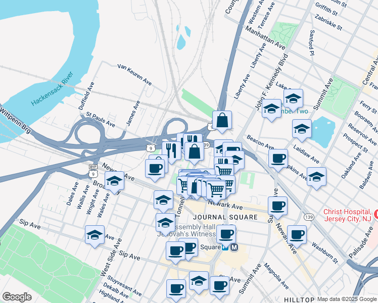 map of restaurants, bars, coffee shops, grocery stores, and more near 225 Tonnelle Avenue in Jersey City