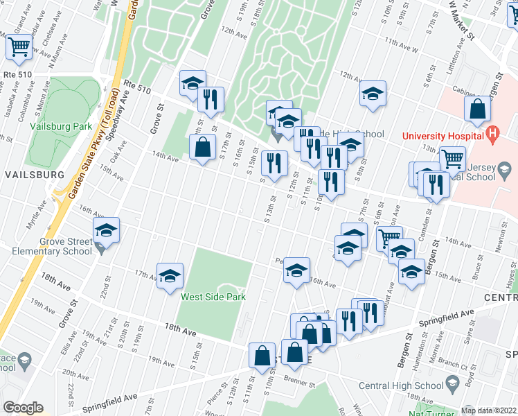 map of restaurants, bars, coffee shops, grocery stores, and more near 552 15th Avenue in Newark