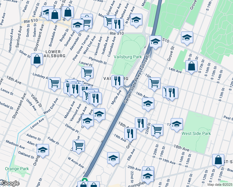 map of restaurants, bars, coffee shops, grocery stores, and more near 388 Myrtle Avenue in Irvington