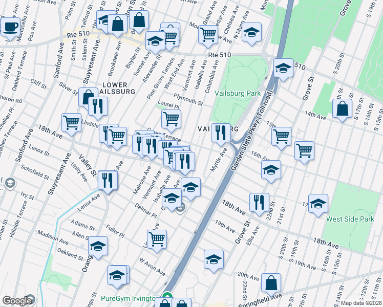 map of restaurants, bars, coffee shops, grocery stores, and more near 193 Columbia Avenue in Irvington