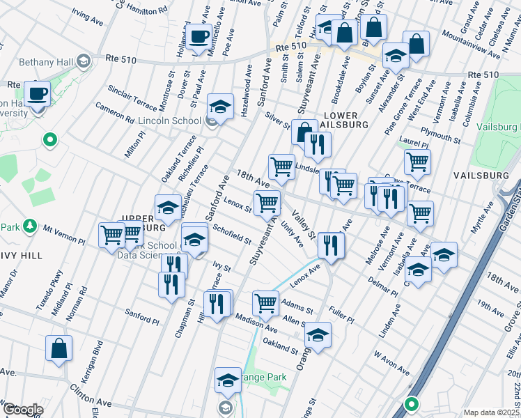 map of restaurants, bars, coffee shops, grocery stores, and more near 9 Lenox Street in Newark