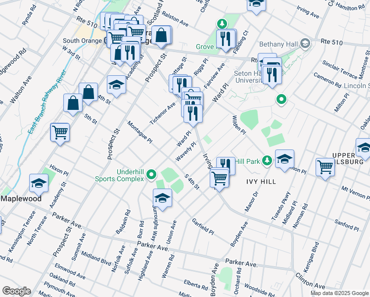 map of restaurants, bars, coffee shops, grocery stores, and more near 215 Lindsley Avenue in South Orange