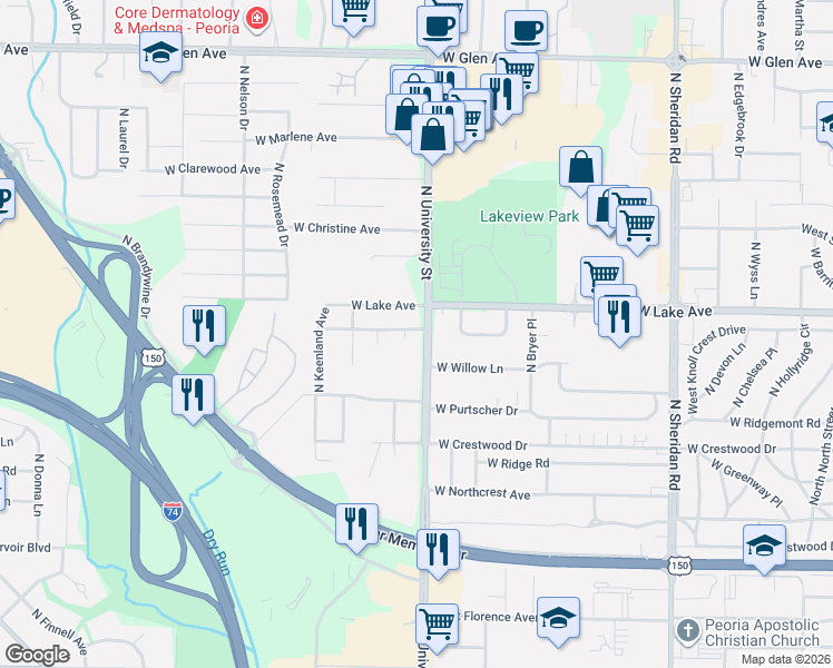map of restaurants, bars, coffee shops, grocery stores, and more near 4216 North Patricia Court in Peoria