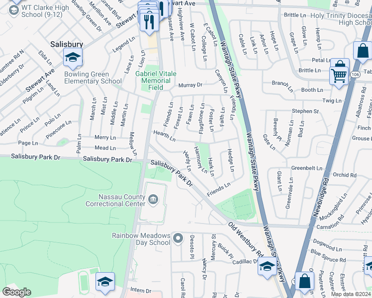 map of restaurants, bars, coffee shops, grocery stores, and more near 49 Hardy Lane in Westbury