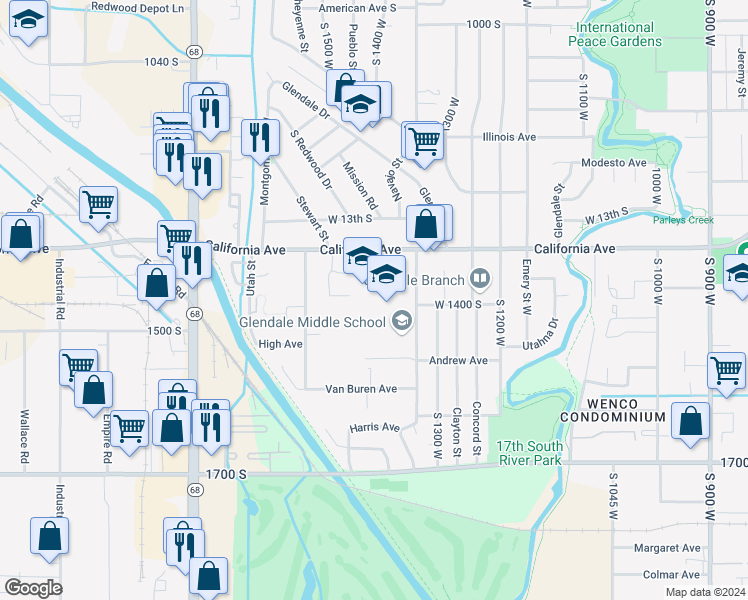 map of restaurants, bars, coffee shops, grocery stores, and more near 1388 Navajo Street in Salt Lake City