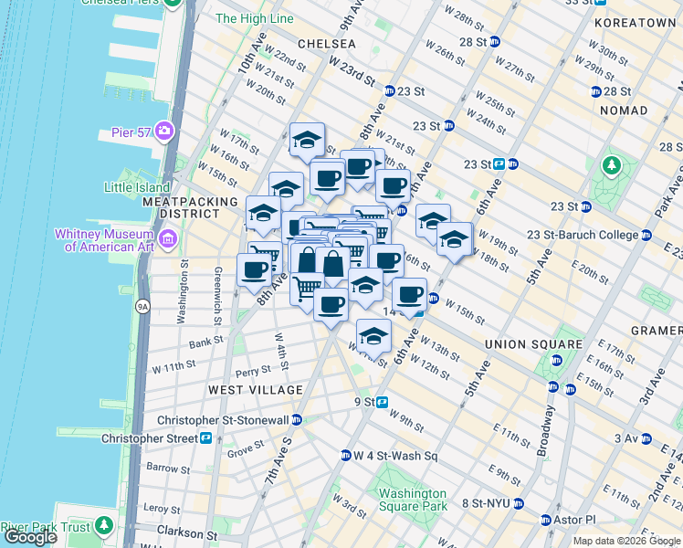 map of restaurants, bars, coffee shops, grocery stores, and more near 219 West 13th Street in New York