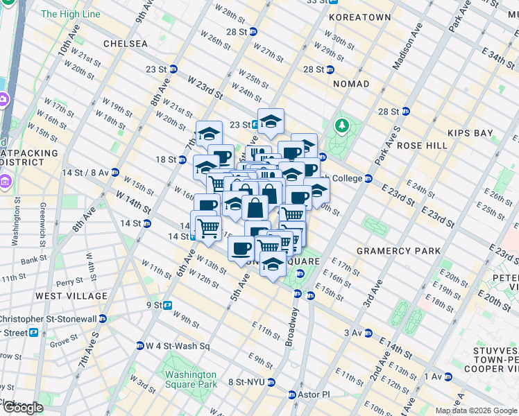 map of restaurants, bars, coffee shops, grocery stores, and more near 14 West 18th Street in New York