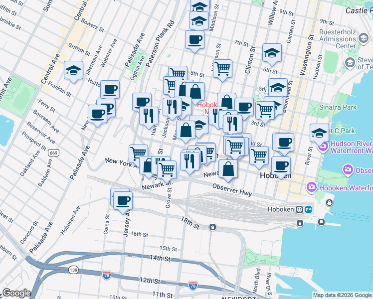 map of restaurants, bars, coffee shops, grocery stores, and more near 513 1st Street in Hoboken