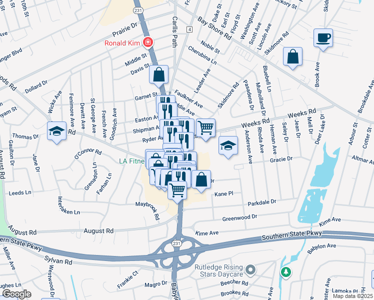 map of restaurants, bars, coffee shops, grocery stores, and more near 69 Primrose Lane in North Babylon